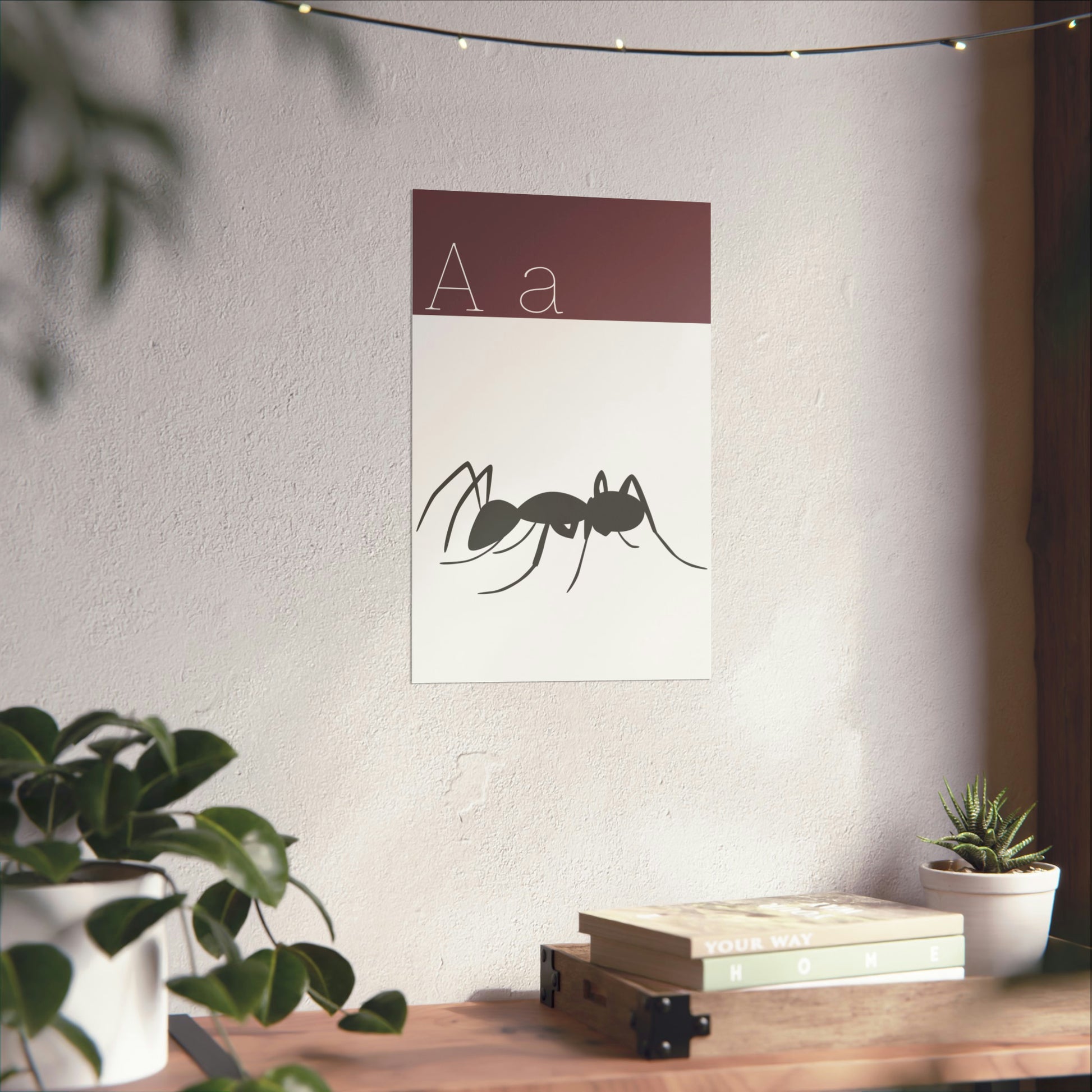 Ant Poster on a White Wall with. a Plant and books