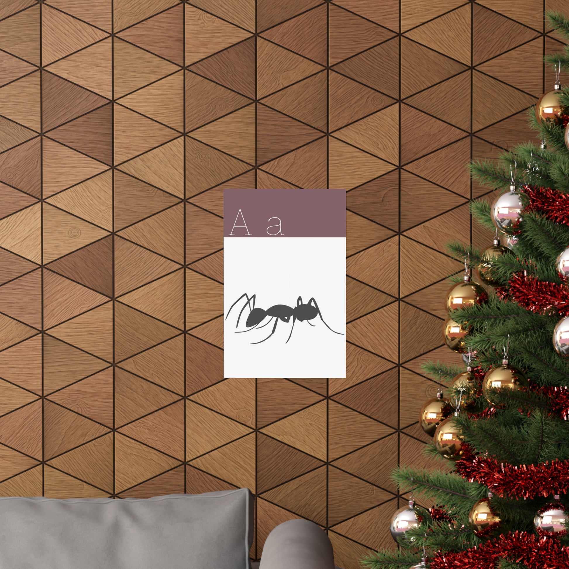 Ant Poster on Wooden Wall Beside a Christmas tree