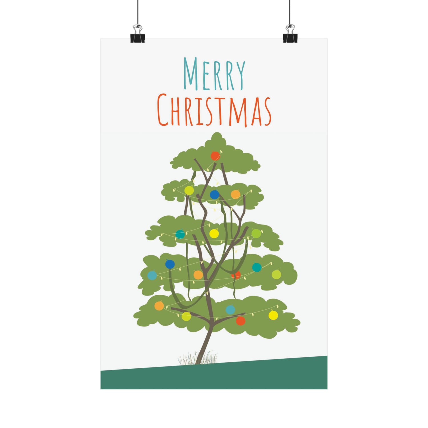 Christmas Tree Poster in white background with clips holding the poster up