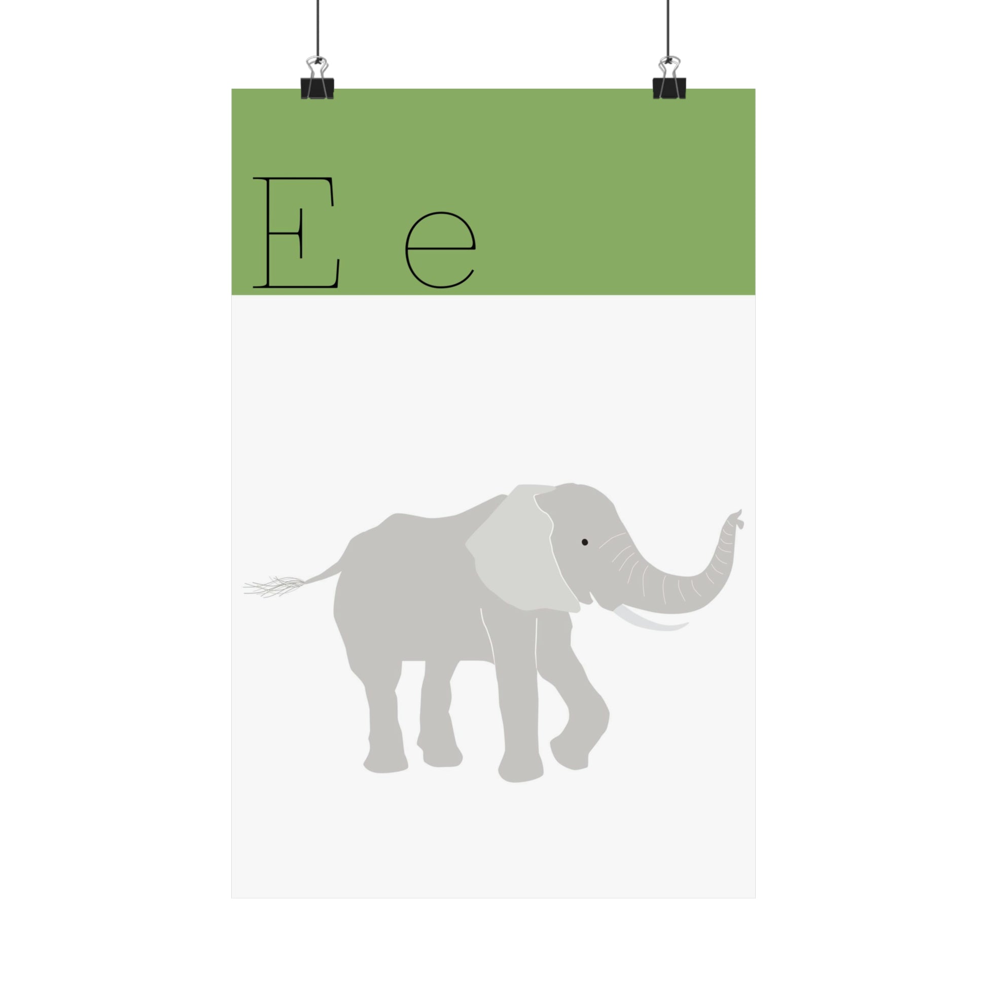 Elephant Poster in white background with clips holding the poster up