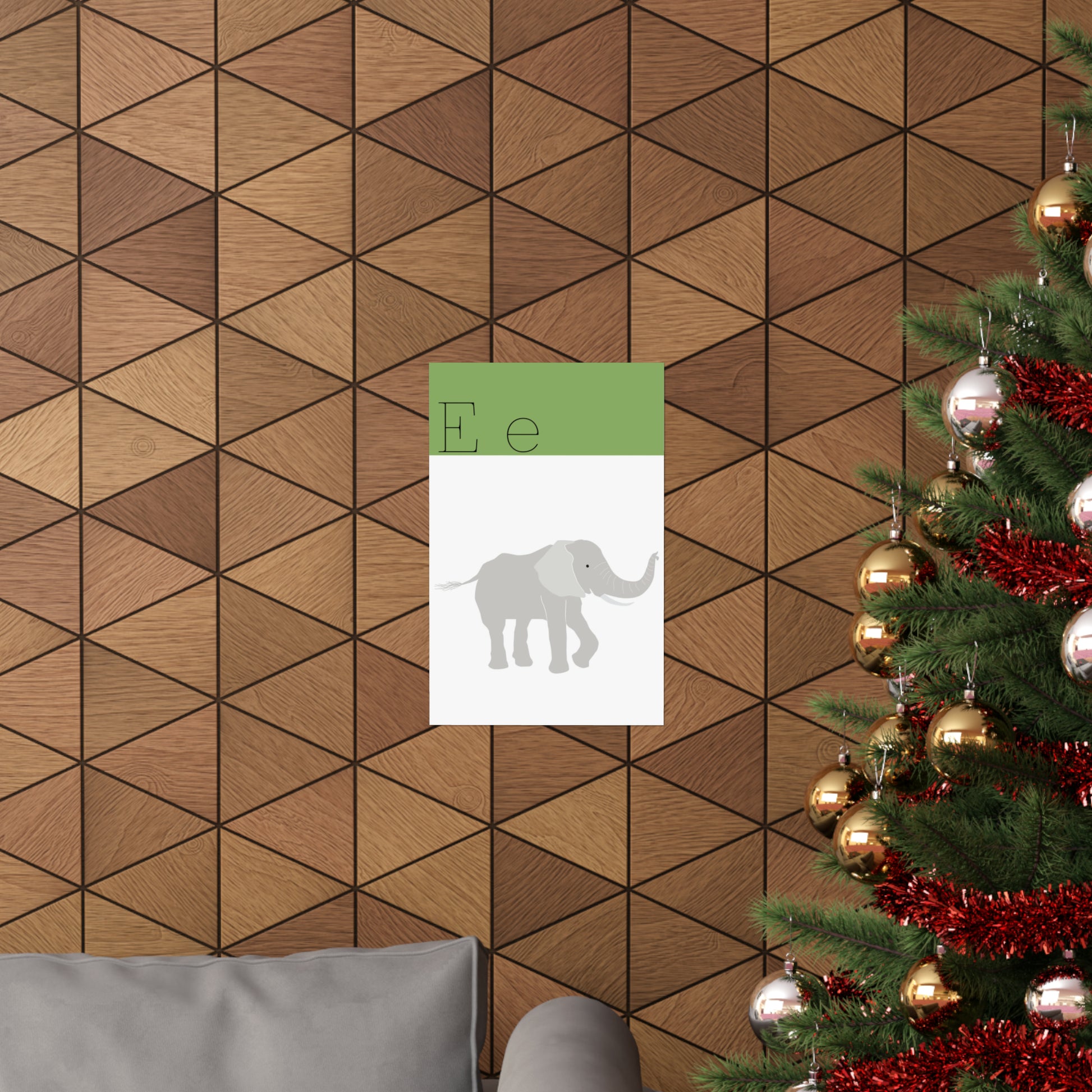 Elephant Poster On Wooden Wall Beside a Christmas Tree