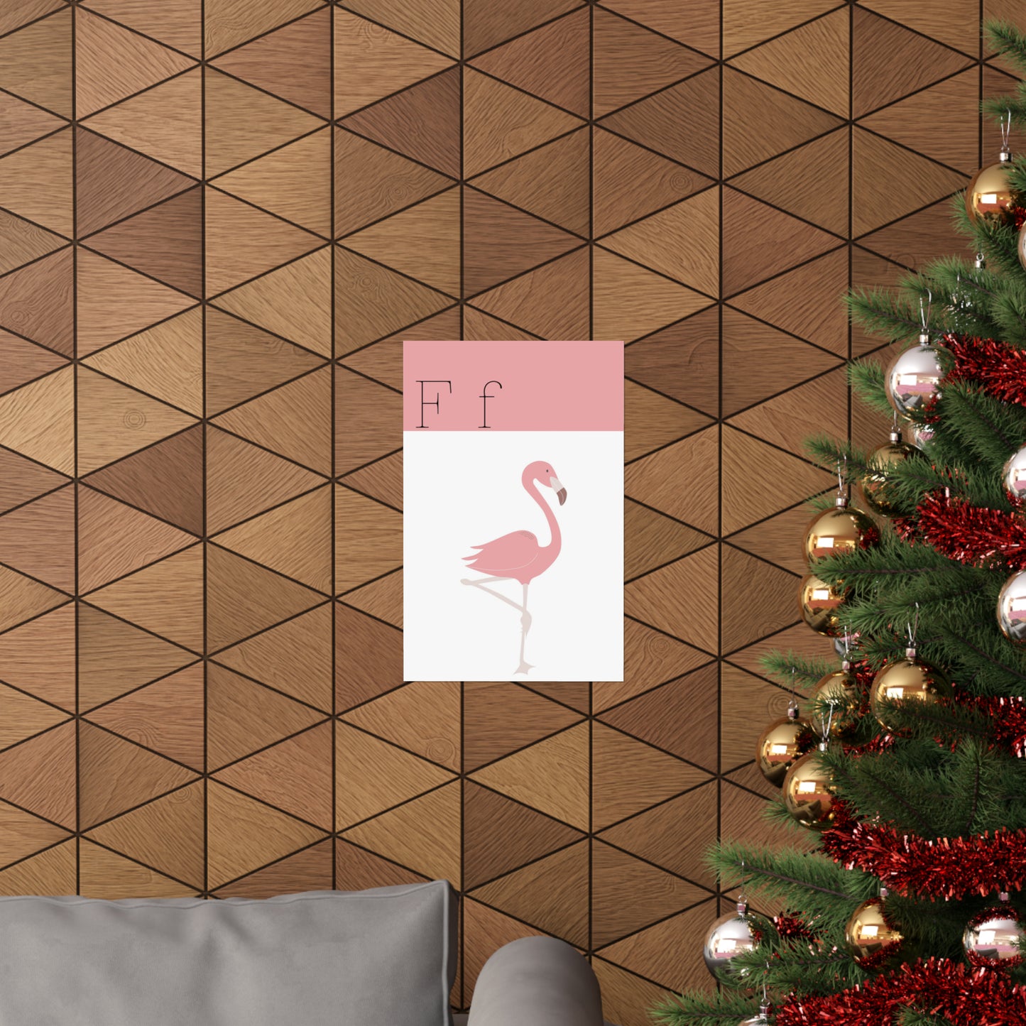 Flamingo Poster On Wooden Wall Beside a Christmas Tree