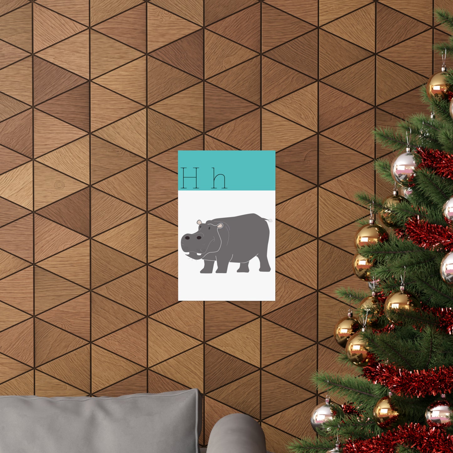 Hippo Poster on Wooden Wall Beside a Christmas Tree