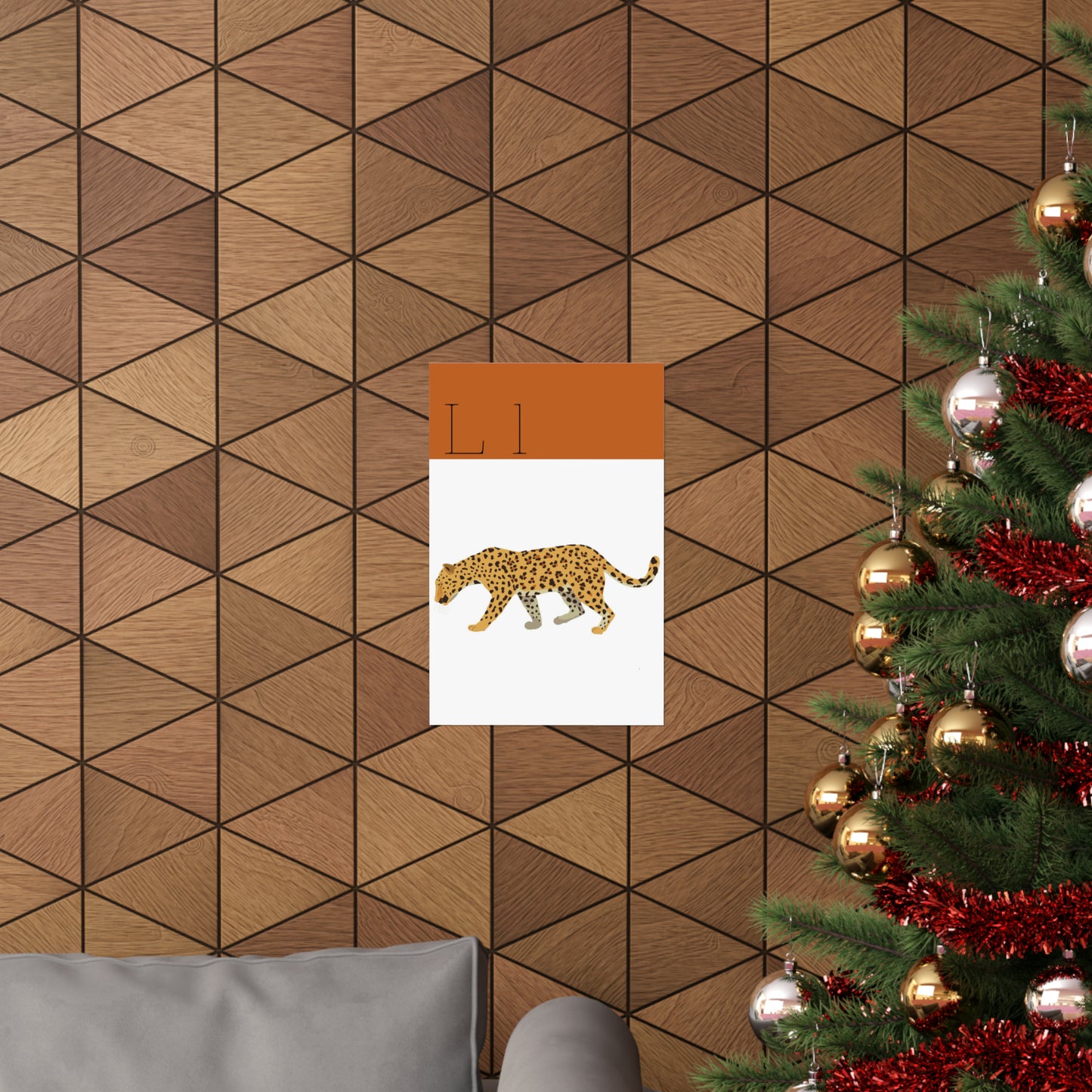 Leopard Poster On Wooden Wall Beside a Christmas Tree
