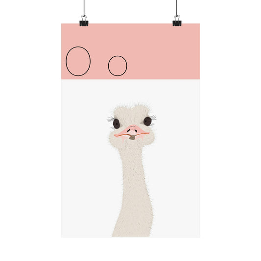 Ostrich Poster in white background with clips holding the poster up