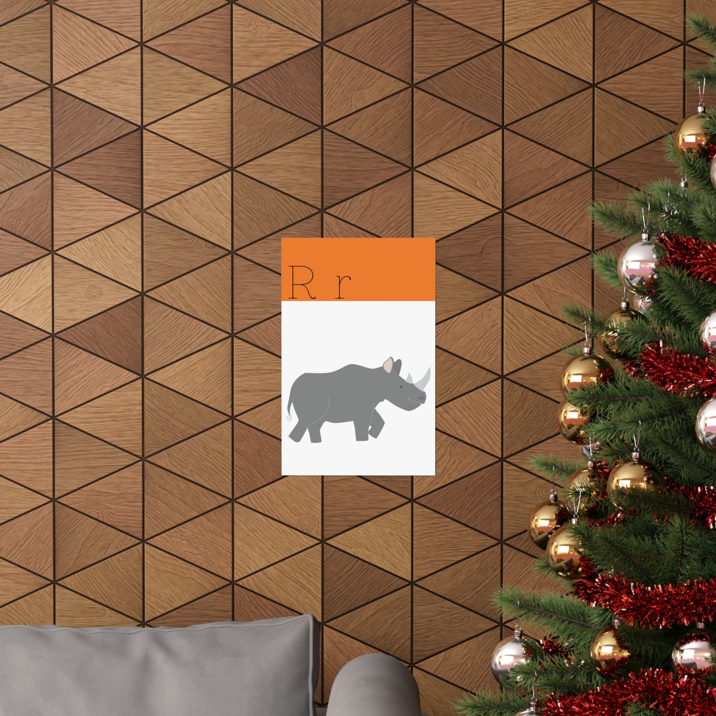 Rhino Poster onWooden Wall Beside a Christmas Tree