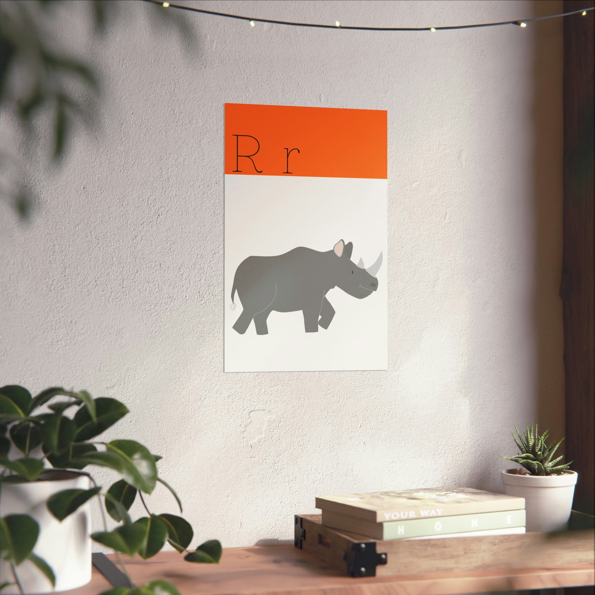 Rhino Poster On White Wall with Plants an books