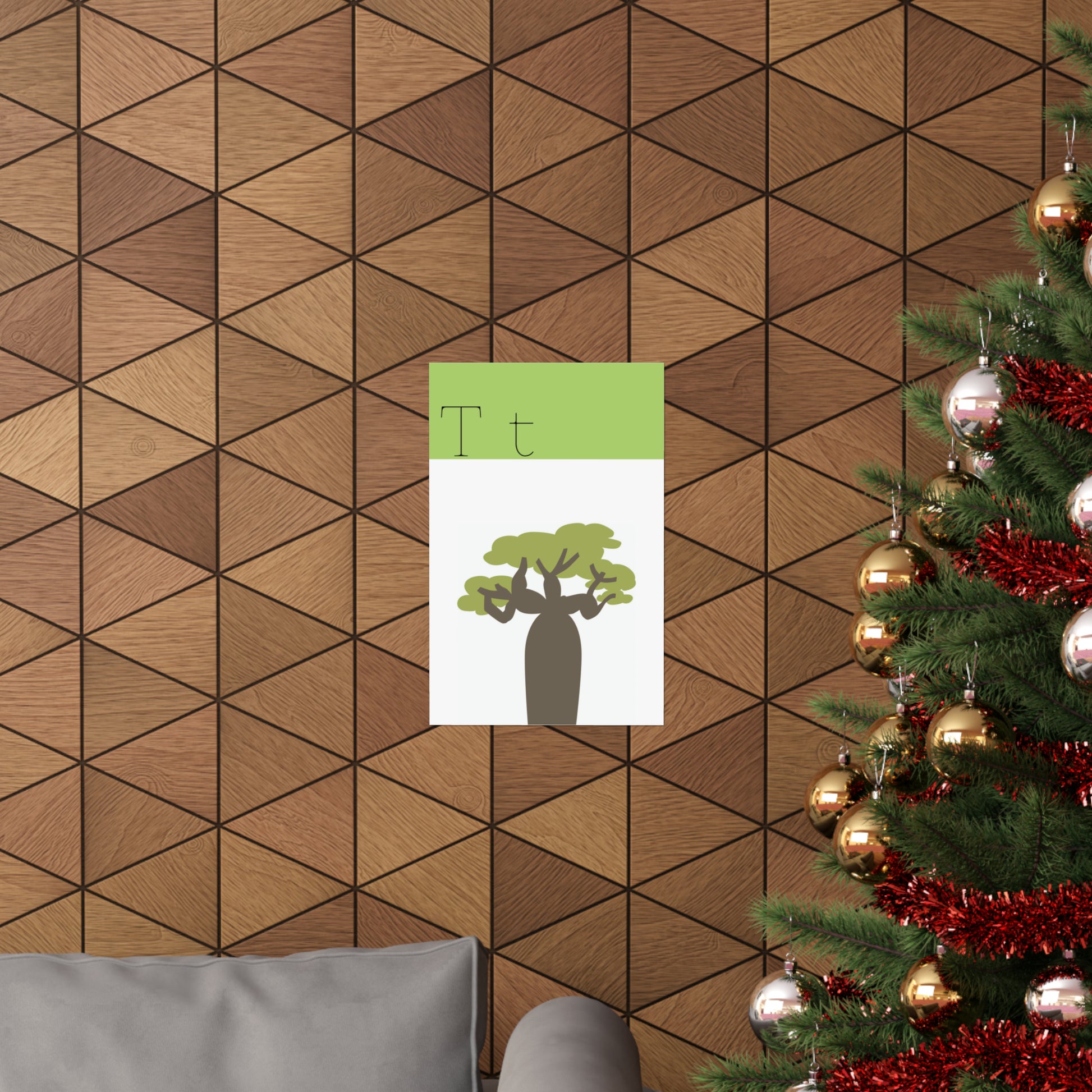 Tree Poster On Wooden Wall Beside a Christmas Tree